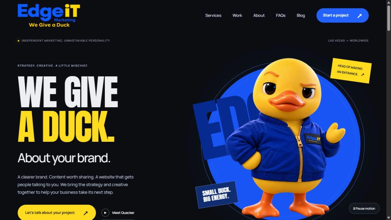 The live EdgeiT homepage with its We Give a Duck headline, Quacker character, and project inquiry button